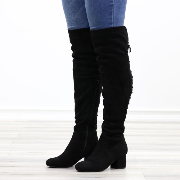 Over The Knee Block Heel Boots With Lace Up Back - Picture 11 of 16